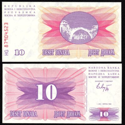 Cédula de Bósnia 10 Dinaras 1992 FE