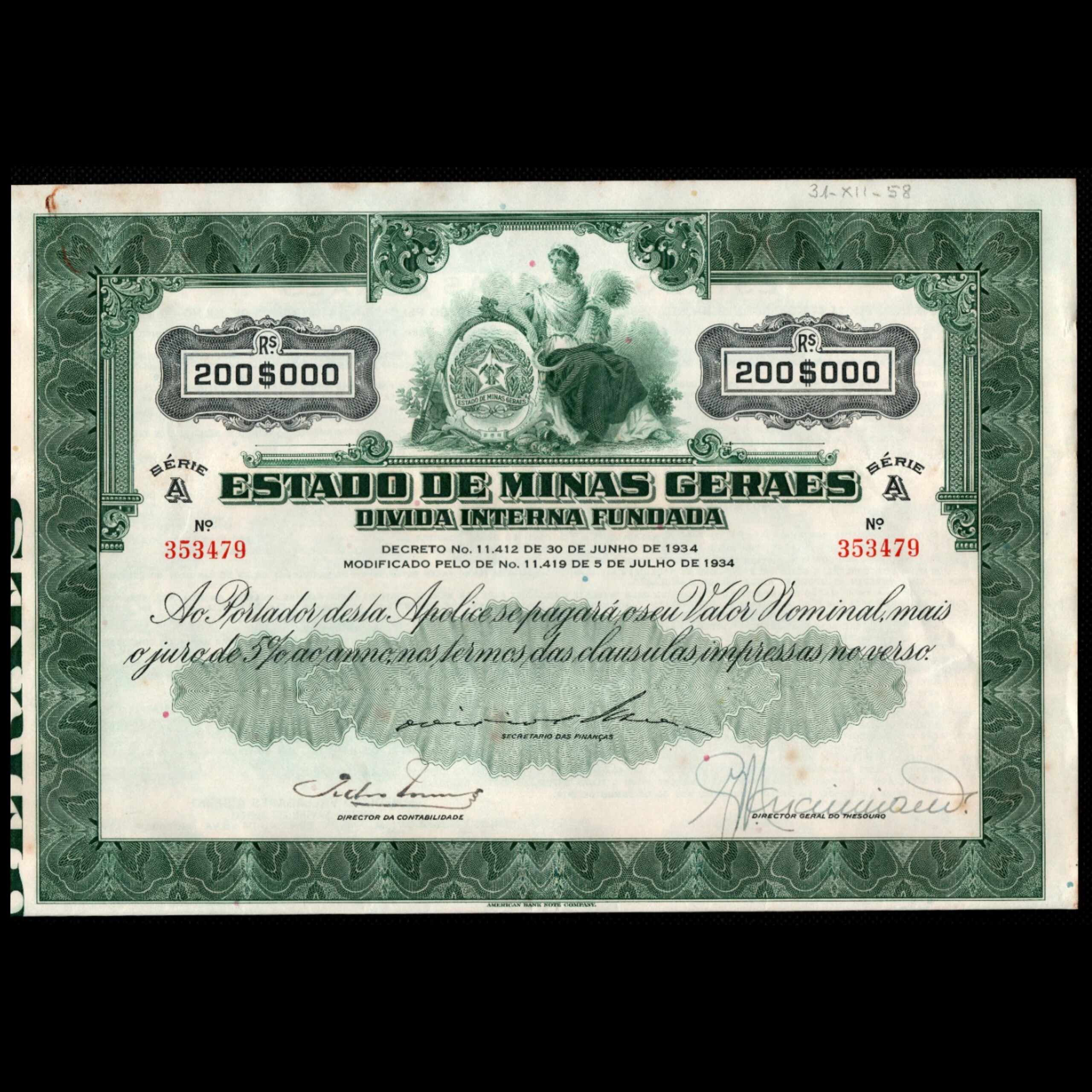 Apólice do Estado de Minas Gerais Série A 200 mil réis 1934 N 353479