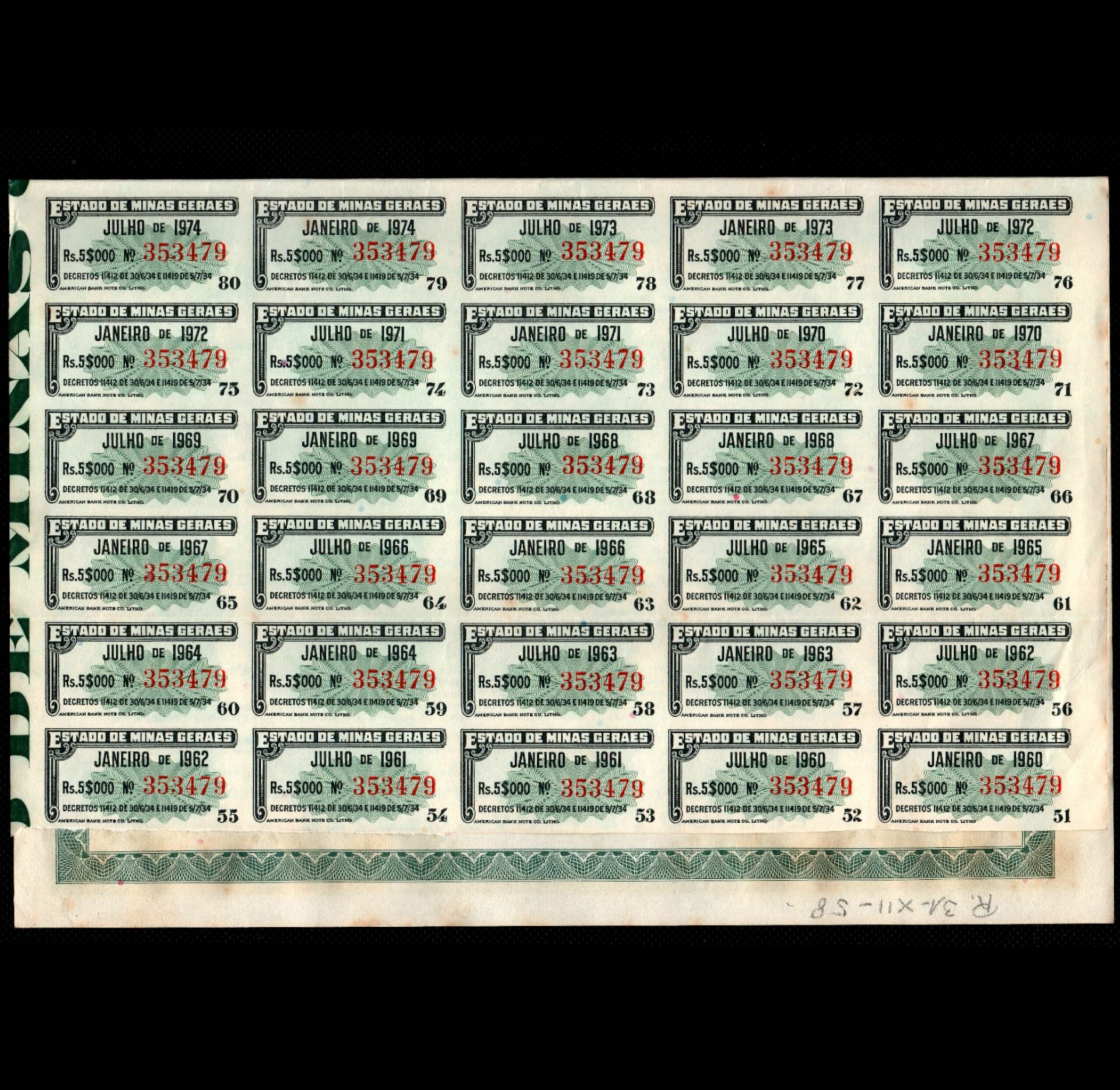 Apólice do Estado de Minas Gerais Série A 200 mil réis 1934 N 353479 - Imagem 2