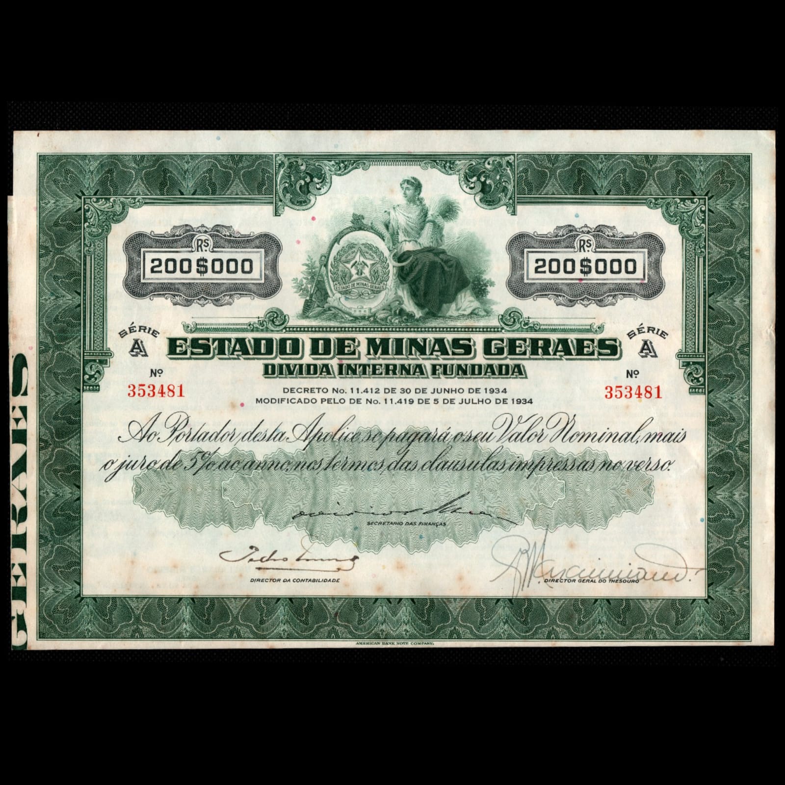 Apólice do Estado de Minas Gerais Série A 200 mil réis 1934 N 353481