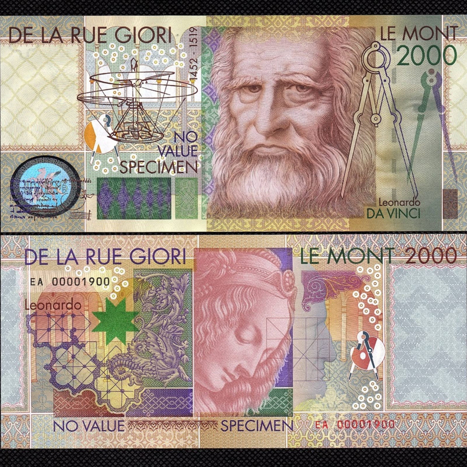 Cédula espécime comemorativa "De La Rue Giori" Leonardo da Vinci 2000 Specimen FE
