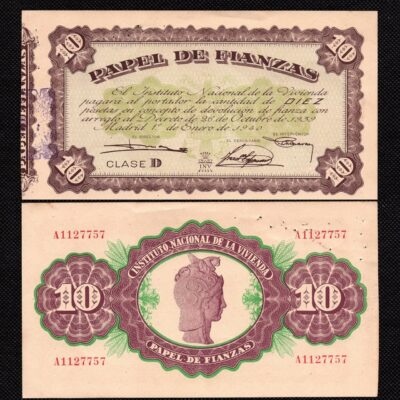 Cédula do Instituto Nacional de la Vivienda de 10 pesetas SOB/FE [Com alguns furos]
